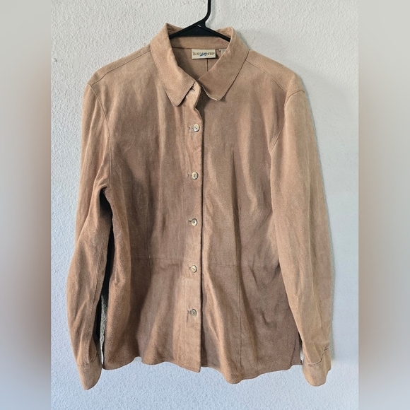 Travel Smith Suede Jacket Womens Size M Tan Long Sleeve Button Up Grunge - Picture 3 of 11